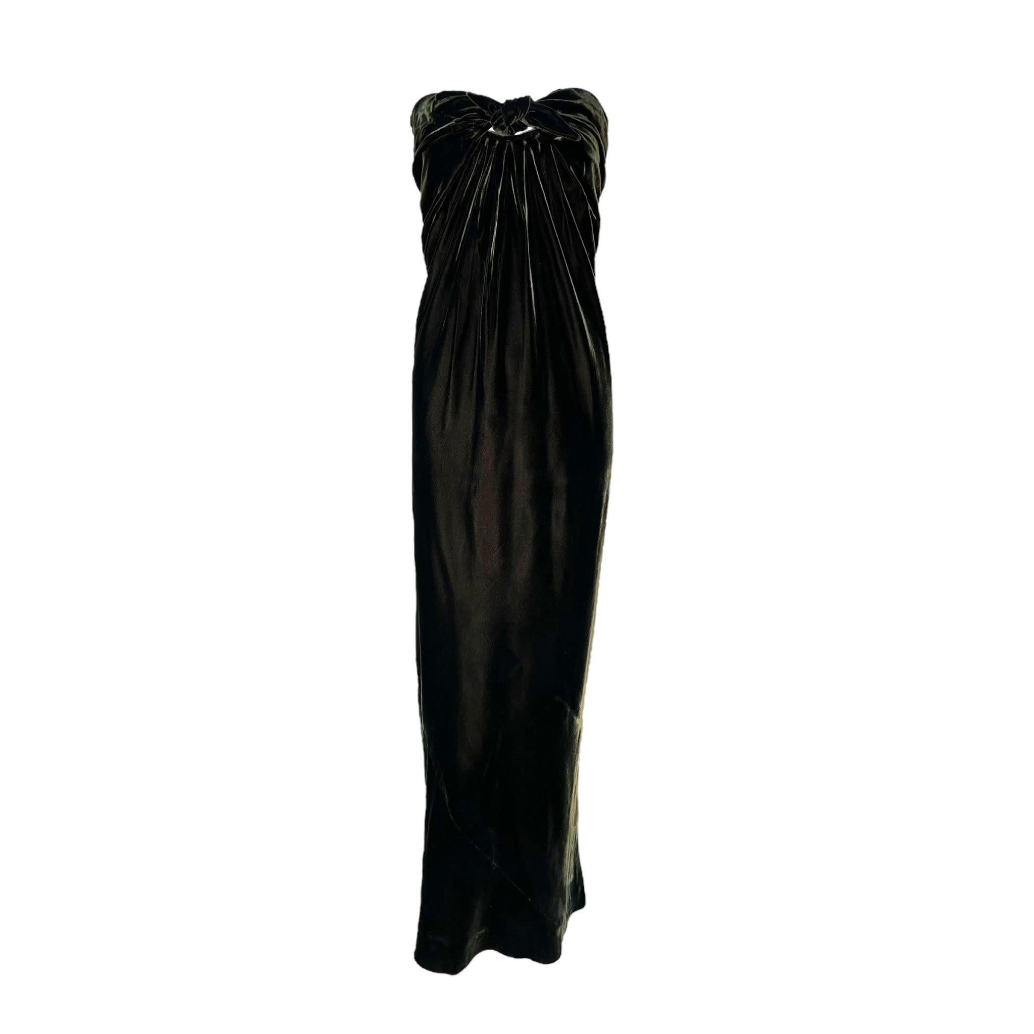 Halston Green Velvet Strapless Sarong Tie Gown, 1976 For Sale