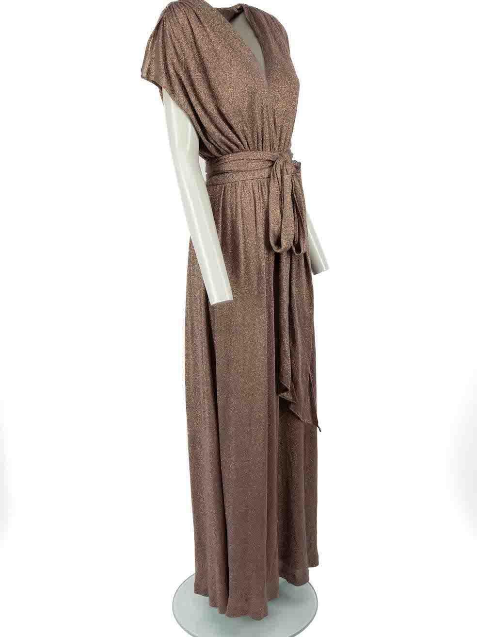 CONDITION is Never worn, with tags. No visible wear to dress is evident on this new Halston Heritage designer resale item.

 Details
 Brown
 Synthetic
 Knit dress
 Maxi
 Sleeveless
 V-neck
 Gold metallic thread
 Side zip fastening
 Belt tie
 Side
