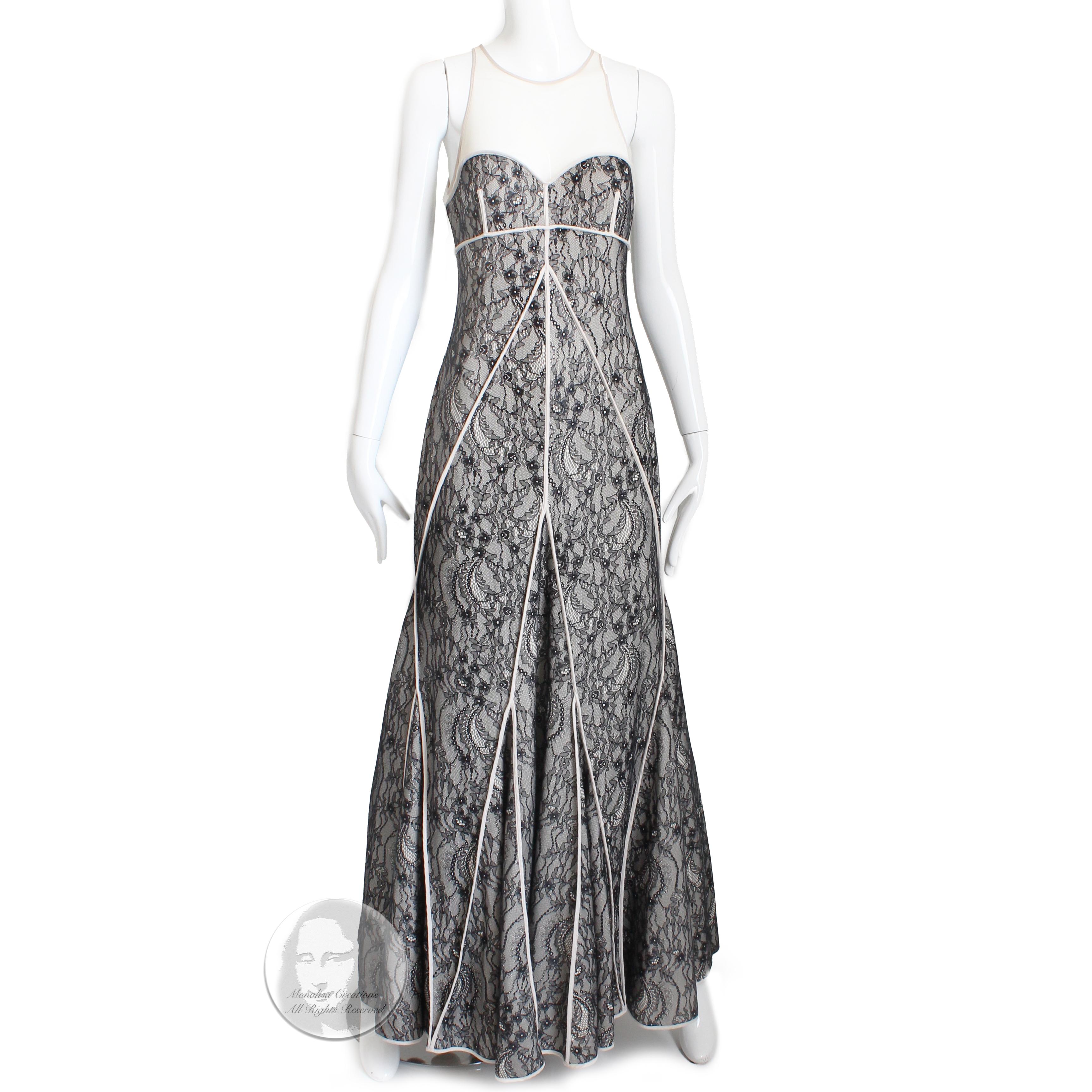 Halston Heritage Evening Gown Long Dress Fit & Flare Illusion Lace NWT NOS Sz M In New Condition In Port Saint Lucie, FL