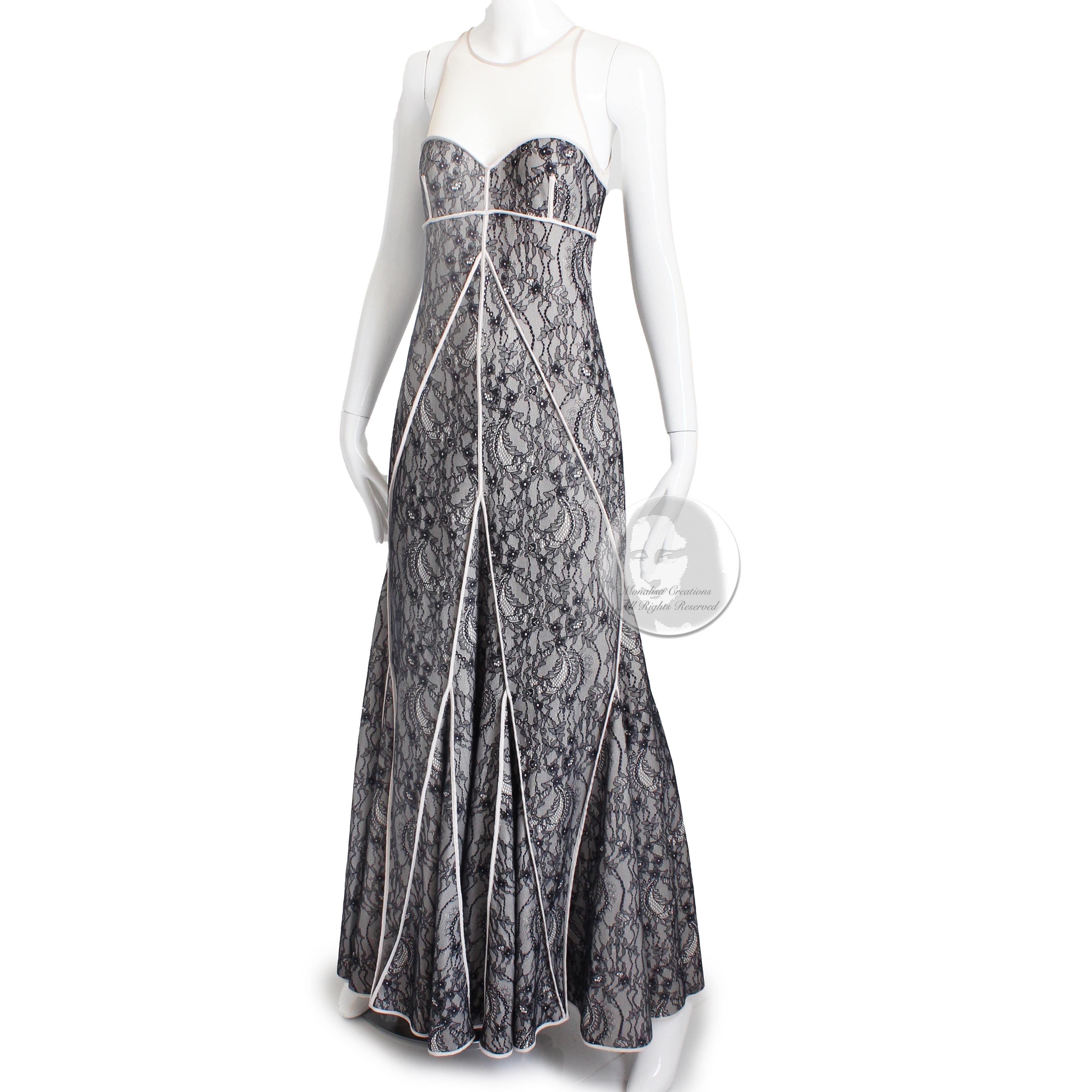  Halston Heritage Evening Gown Long Dress Fit & Flare Illusion Lace NWT NOS Sz M Pour femmes 