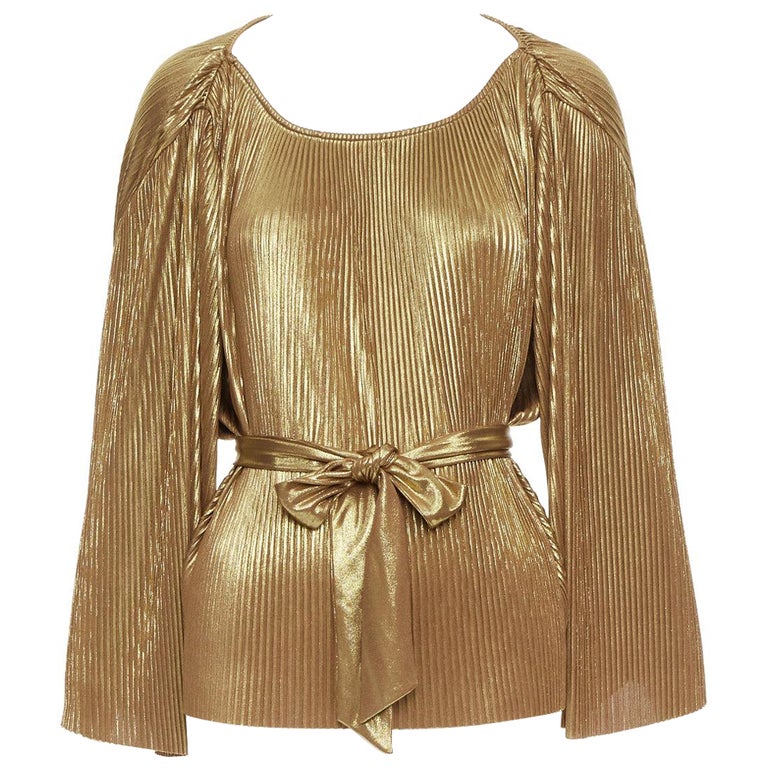 HALSTON HERITAGE gold accordion pleated gathered shoulder tie goddess top  US10 L For Sale at 1stDibs