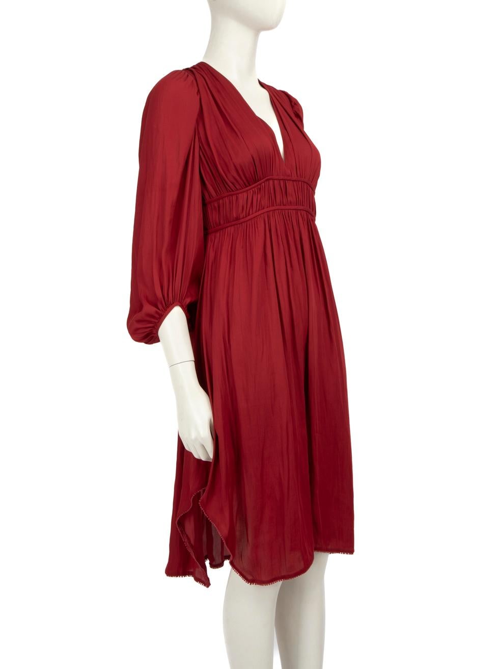 CONDITION is Very good. Hardly any visible wear to the dress is evident on this used Halston Heritage designer resale item.
 
 
 
 Details
 
 
 Red
 
 Polyester
 
 Dress
 
 Knee length
 
 Long sleeves
 
 Plunge neck
 
 Ruched detail
 
 Back tie, zip