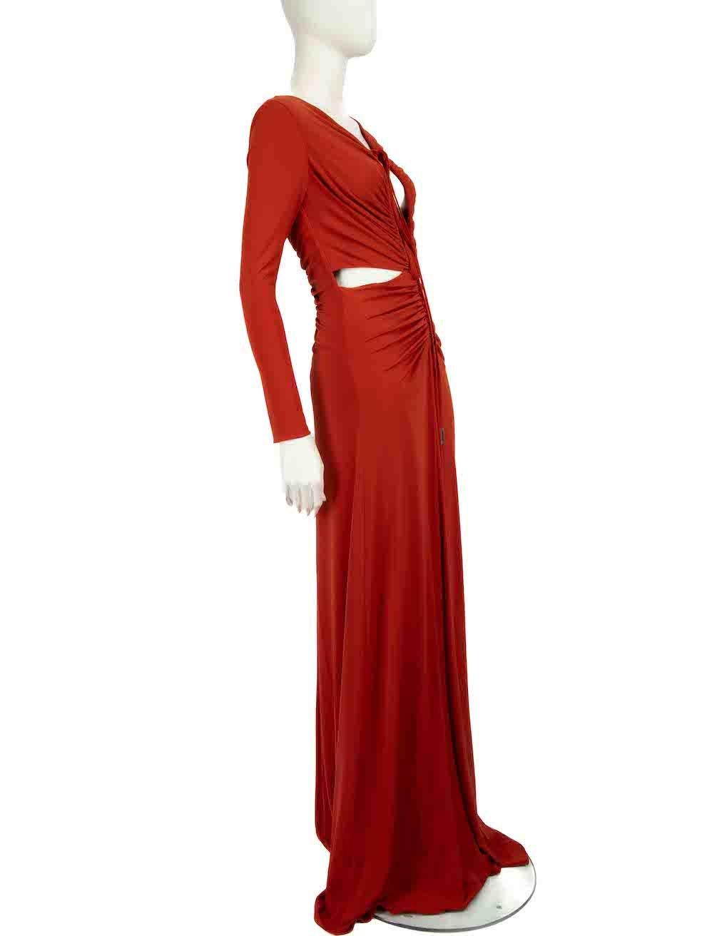 CONDITION is Never worn, with tags. No visible wear to the dress is evident on this new Halston Heritage designer resale item.
 
 
 
 Details
 
 
 Rust red
 
 Polyester
 
 Dress
 
 Maxi
 
 Ruched accent
 
 Cut out bodice detail
 
 Plunge neck with