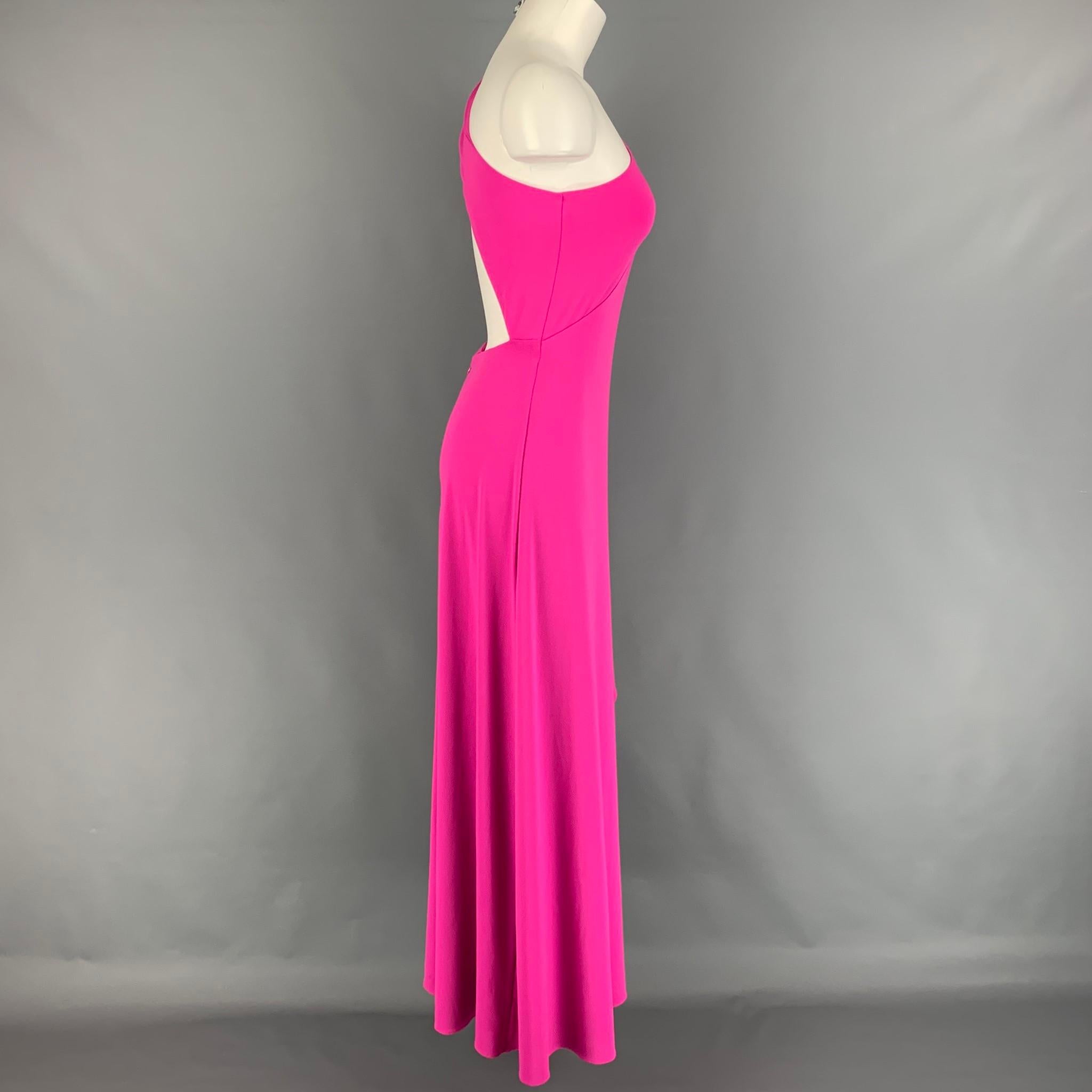 HALSTON HERITAGE dress comes in a pink material with a slip liner featuring a back less style, one shoulder, and a back zip up closure. 

Good Pre-Owned Condition. Light discoloration.
Marked: 2

Measurements:

Bust: 27 in.
Waist: 26 in.
Hip: 32