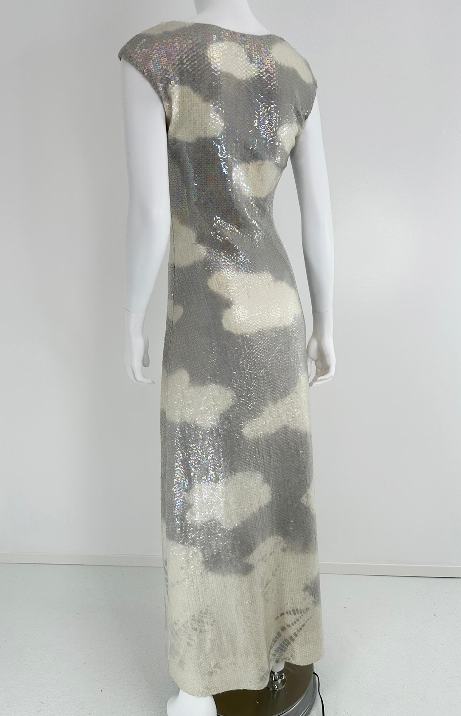Halston Iconic Clouds Dress in Stormy Grey & Cream Iridescent Sequins Mid 1970s For Sale 5