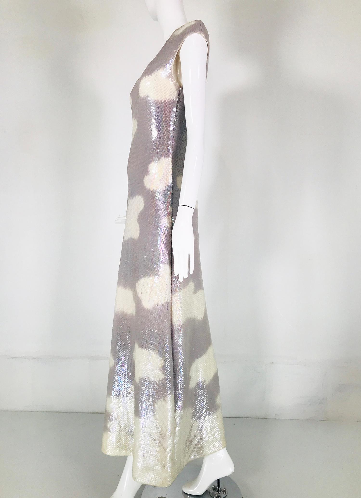 Halston Iconic Clouds Dress in Stormy Grey & Cream Iridescent Sequins Mid 1970s 7