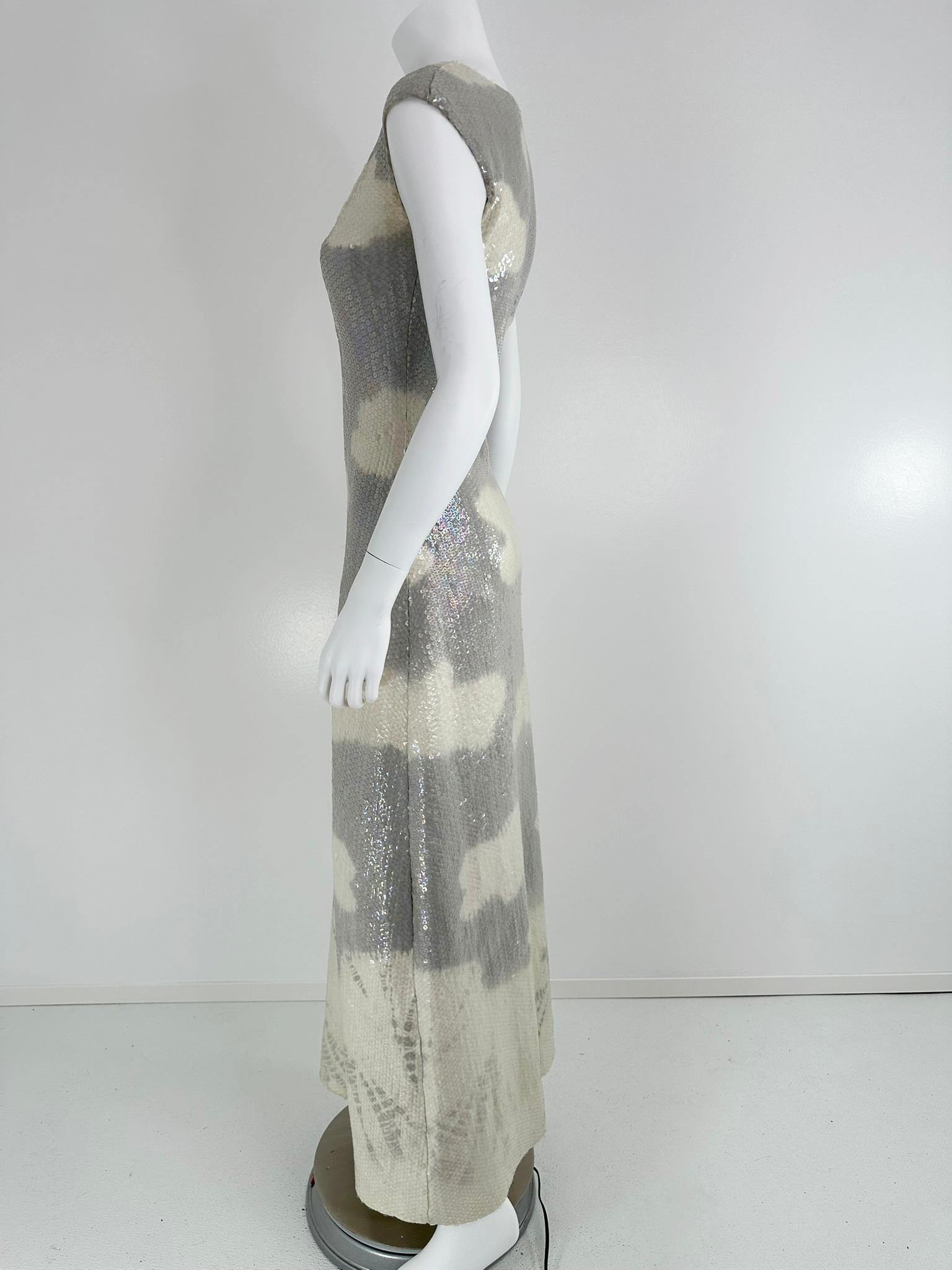 Halston Iconic Clouds Dress in Stormy Grey & Cream Iridescent Sequins Mid 1970s For Sale 6