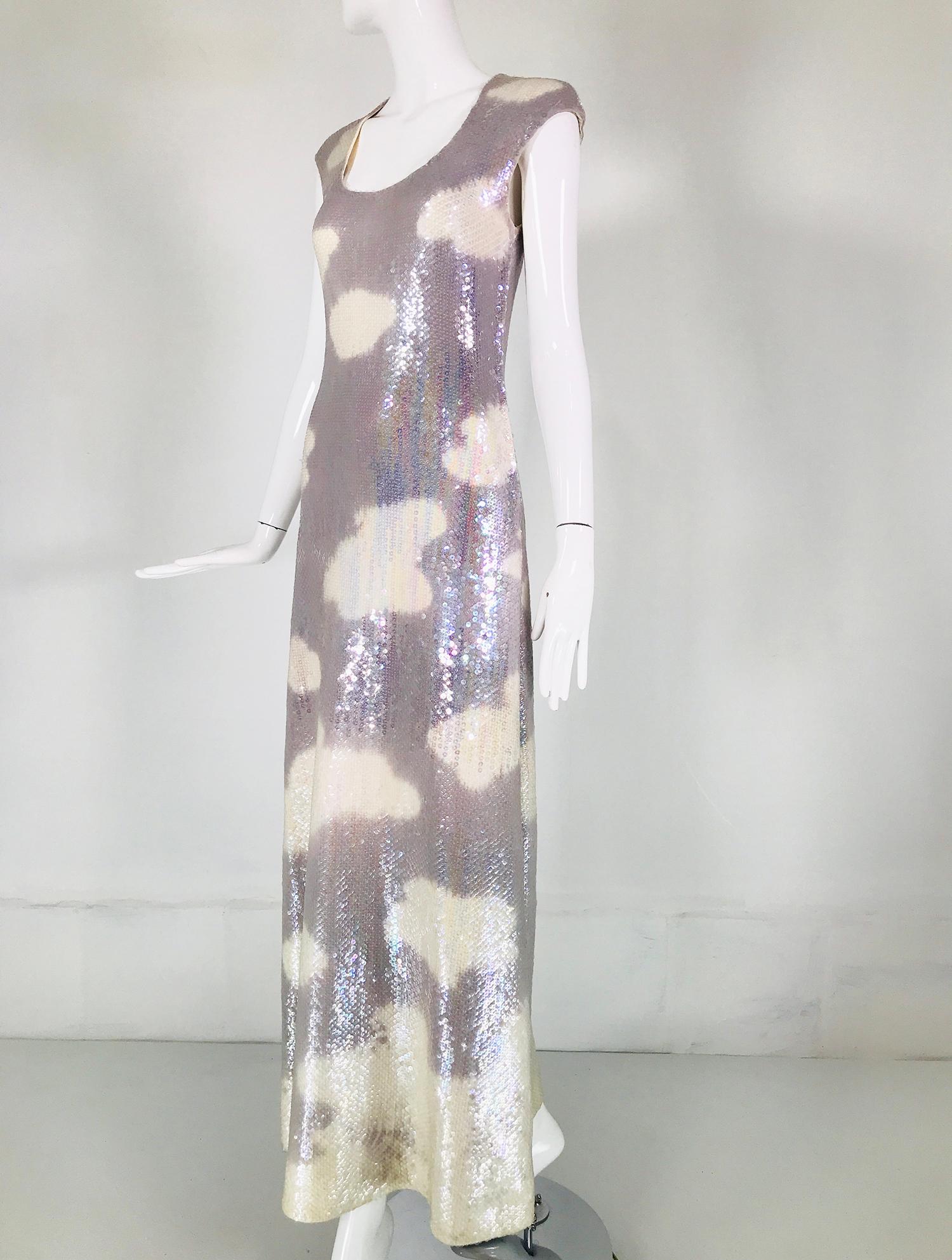 Halston Iconic Clouds Dress in Stormy Grey & Cream Iridescent Sequins Mid 1970s 8