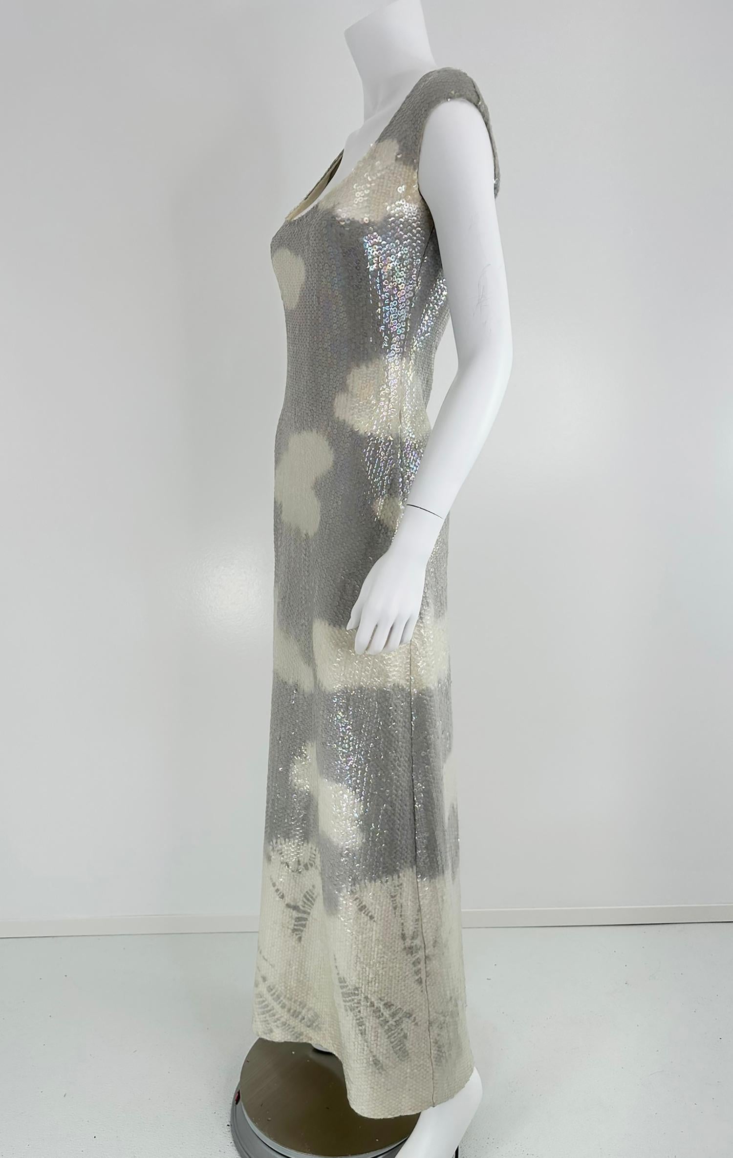 Halston Iconic Clouds Dress in Stormy Grey & Cream Iridescent Sequins Mid 1970s For Sale 7