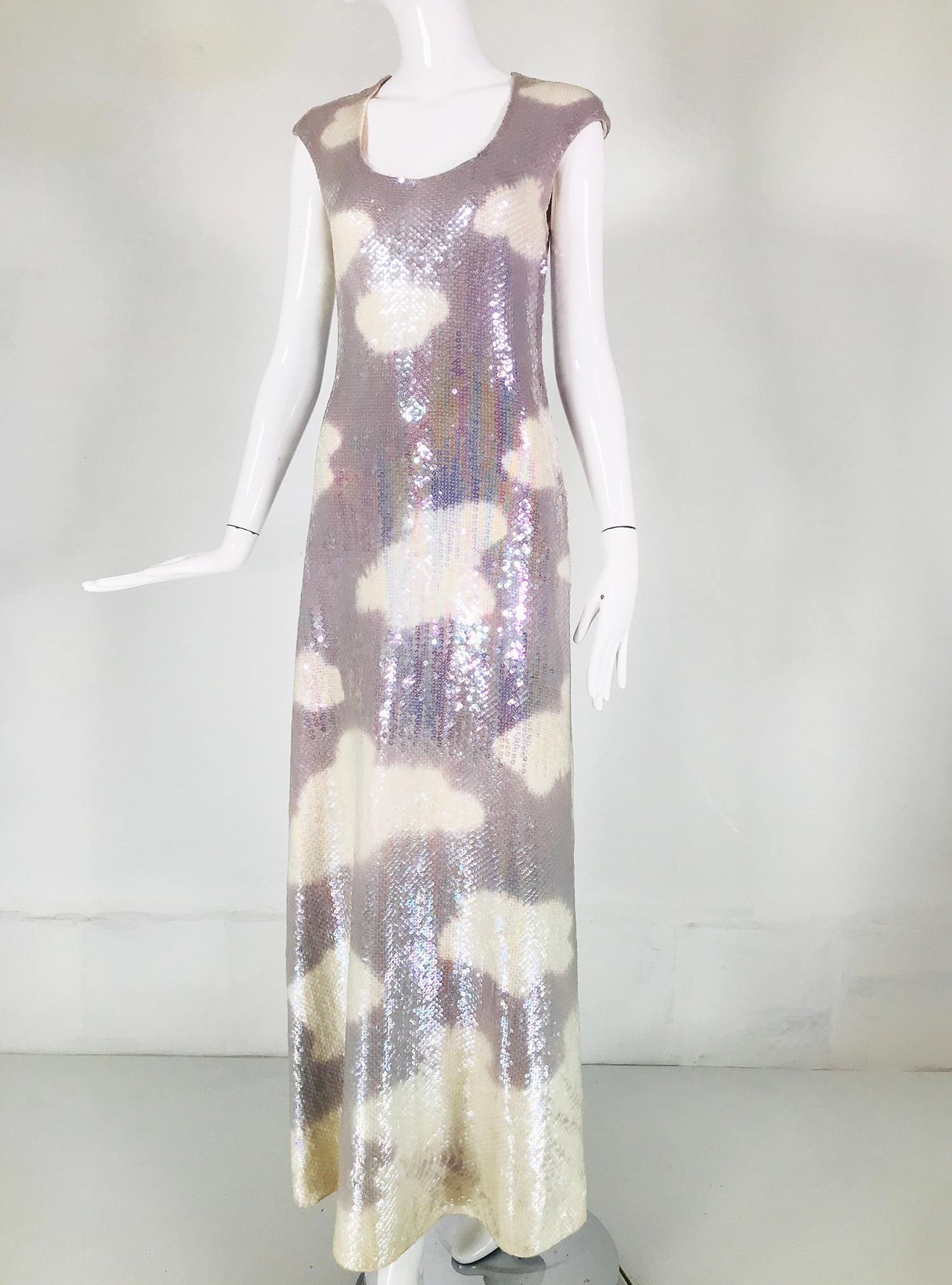 Halston Iconic Clouds Dress in Stormy Grey & Cream Iridescent Sequins Mid 1970s 9