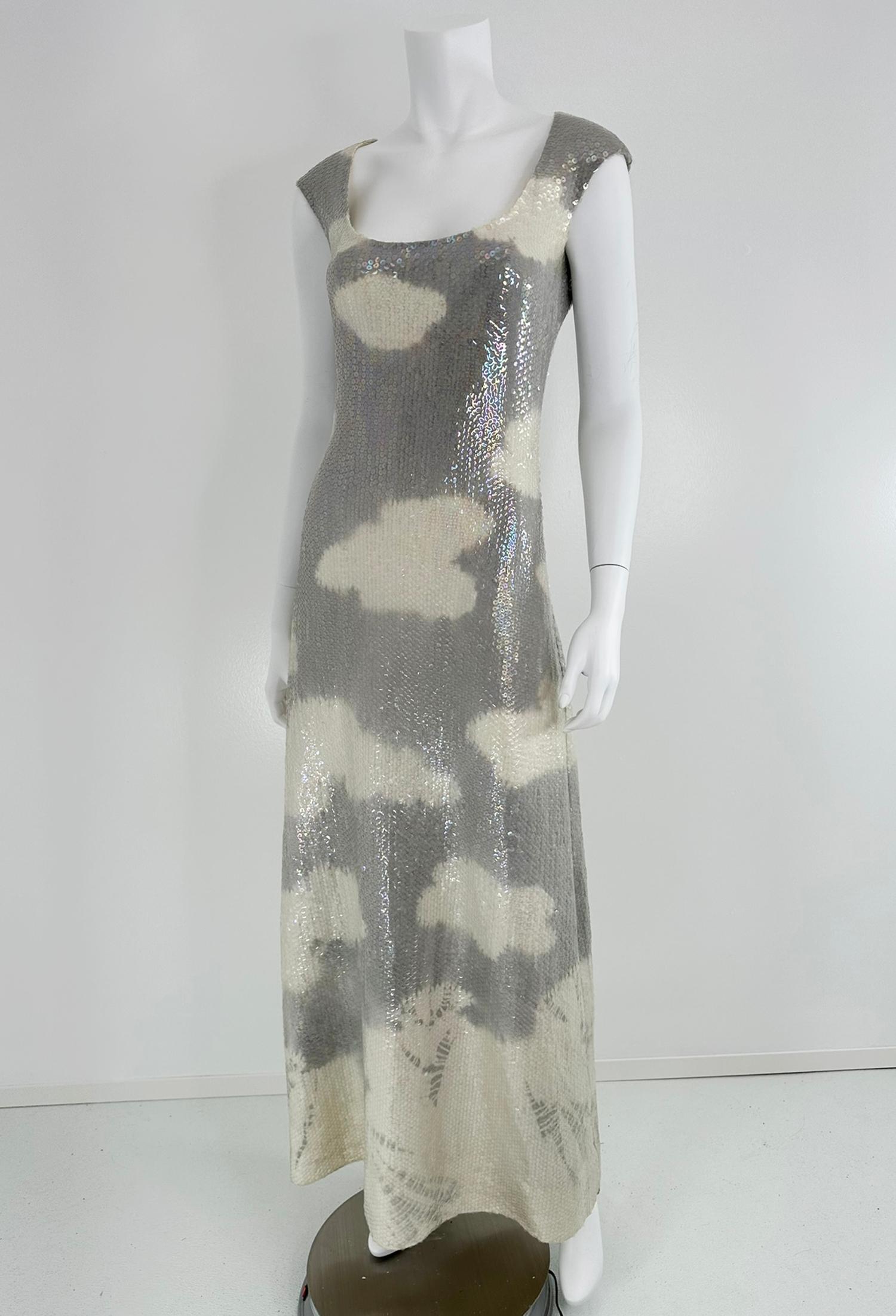 Halston Iconic Clouds Dress in Stormy Grey & Cream Iridescent Sequins Mid 1970s For Sale 8