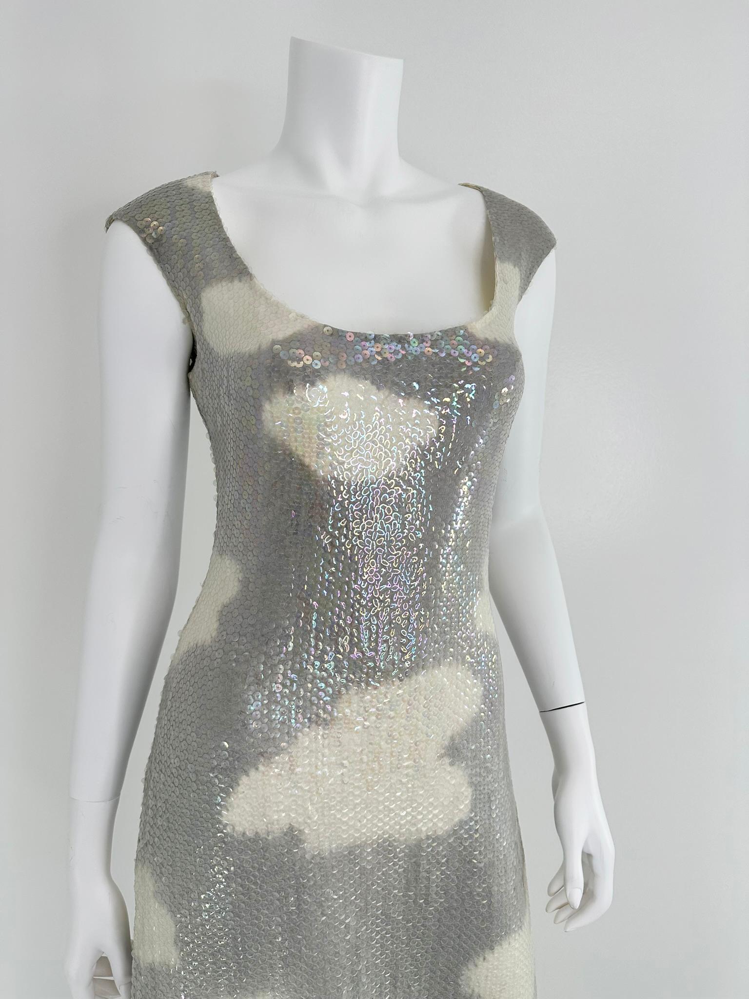 Halston Iconic Clouds Dress in Stormy Grey & Cream Iridescent Sequins Mid 1970s For Sale 9