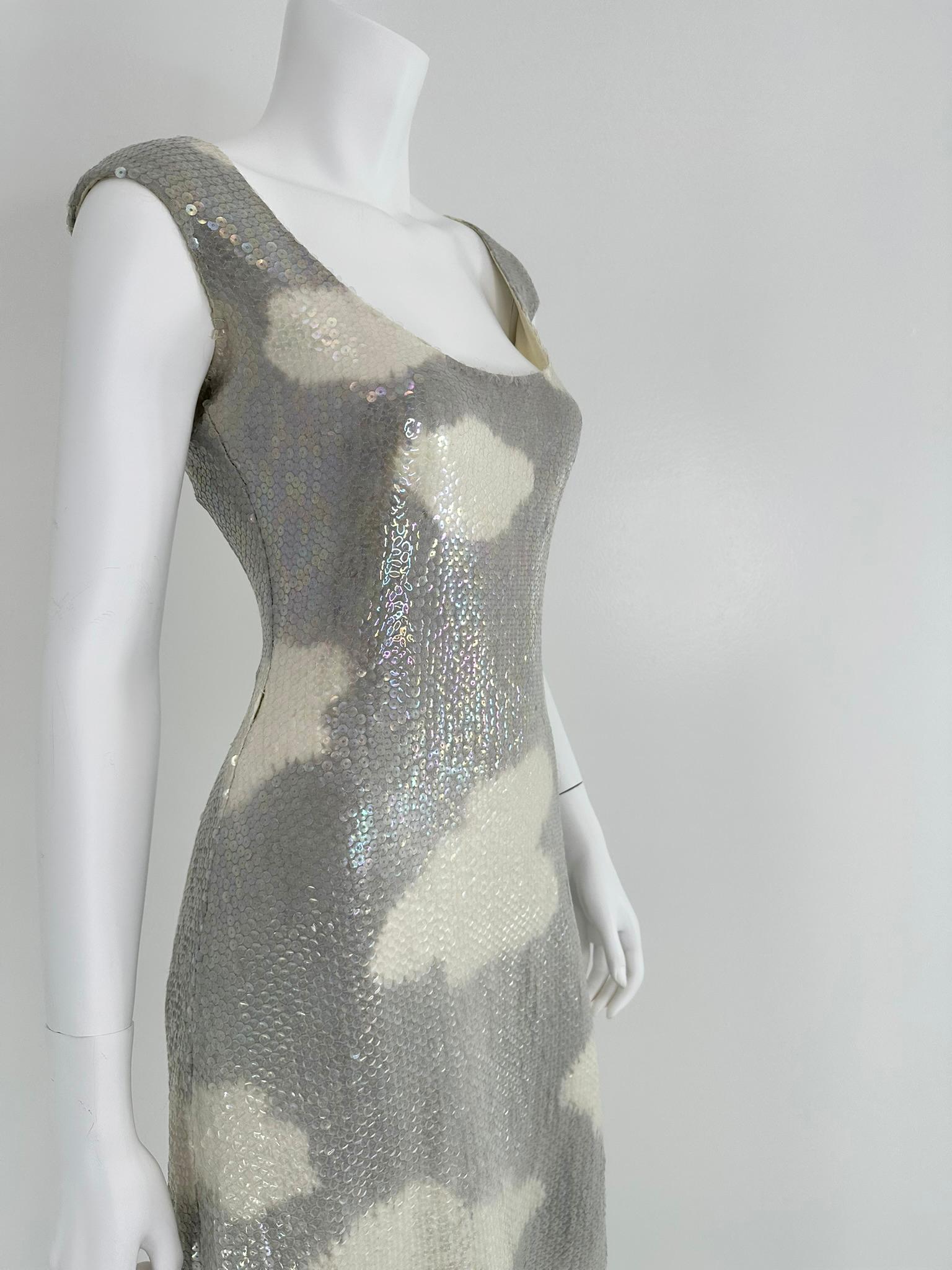 Halston Iconic Clouds Dress in Stormy Grey & Cream Iridescent Sequins Mid 1970s For Sale 10