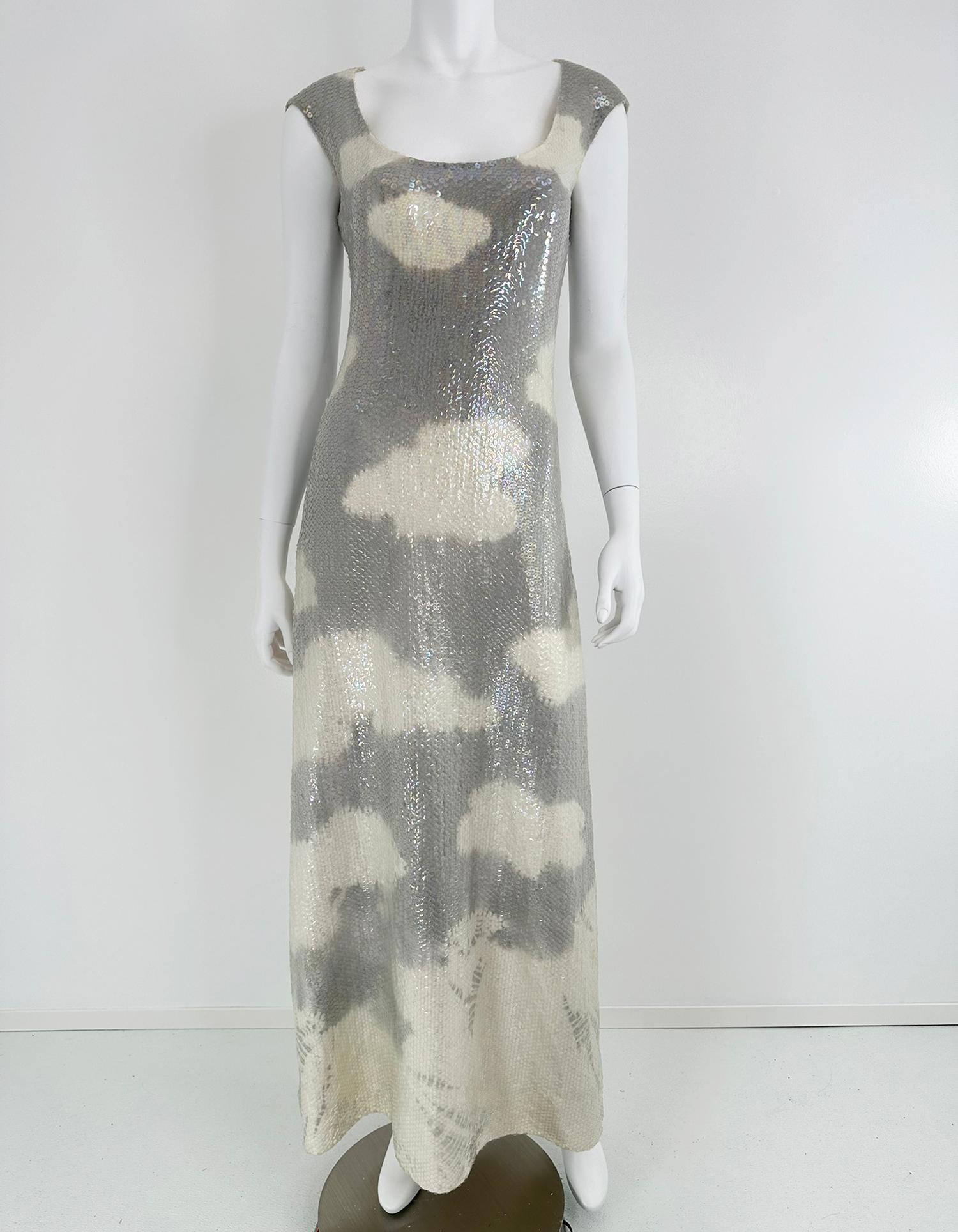 Halston, iconic clouds dress in stormy grey & cream with iridescent sequins from the mid 1970s. This dress is unusual as the grey is a bit darker than the dove gray that is seen more often, not that the dress turns up that frequently! Such a concept