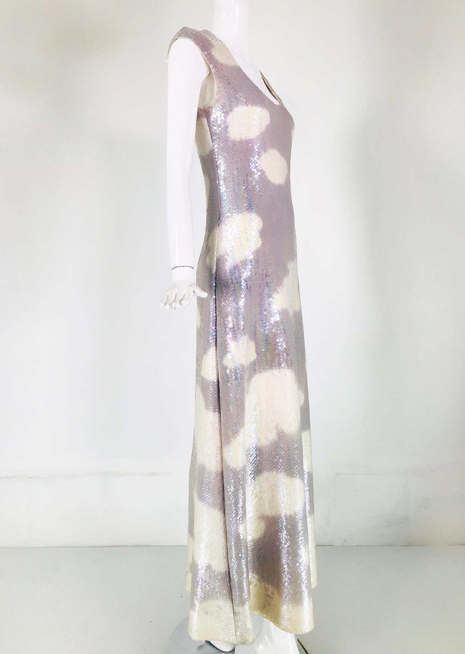 Halston Iconic Clouds Dress in Stormy Grey & Cream Iridescent Sequins Mid 1970s In Good Condition In West Palm Beach, FL