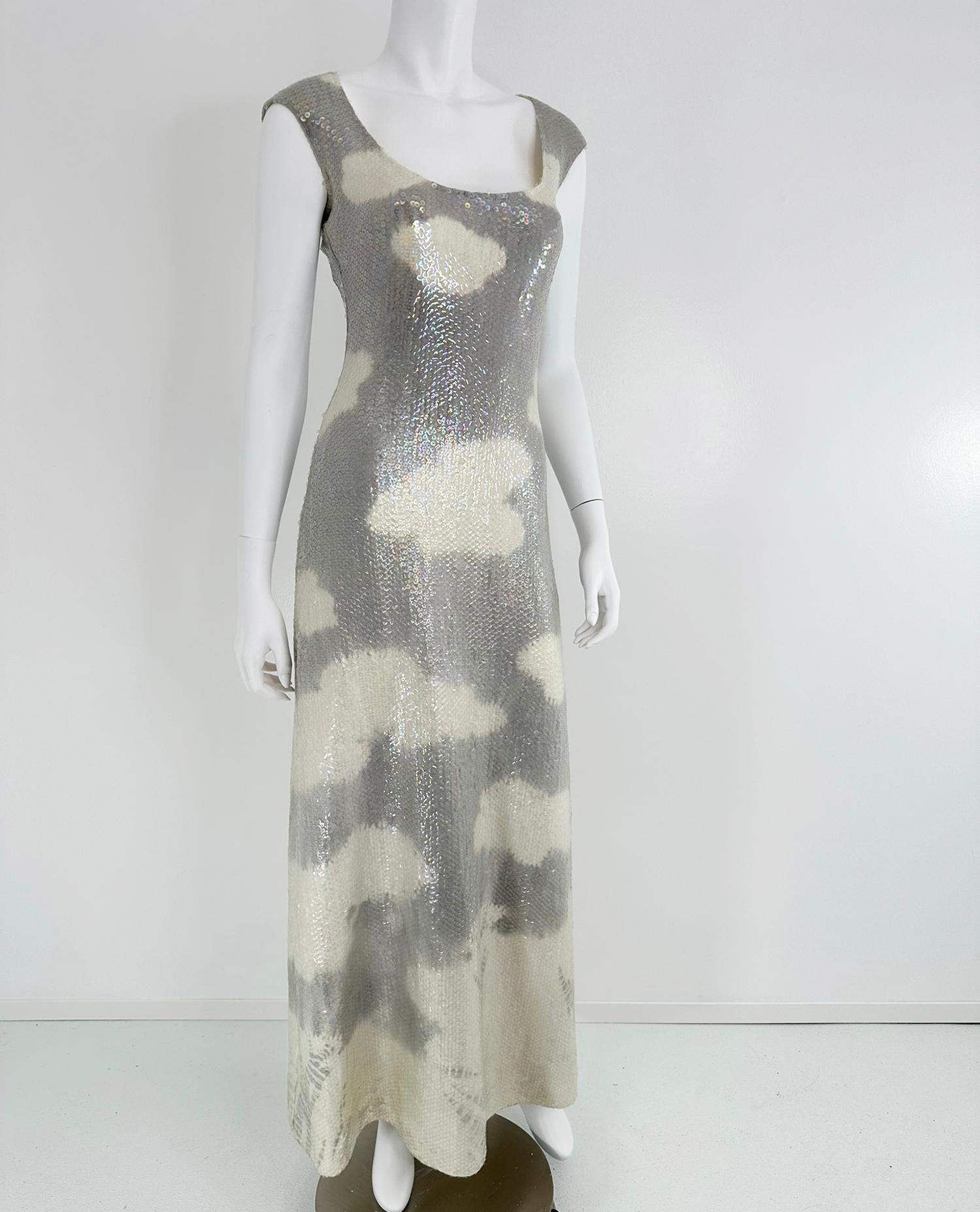 Gray Halston Iconic Clouds Dress in Stormy Grey & Cream Iridescent Sequins Mid 1970s For Sale