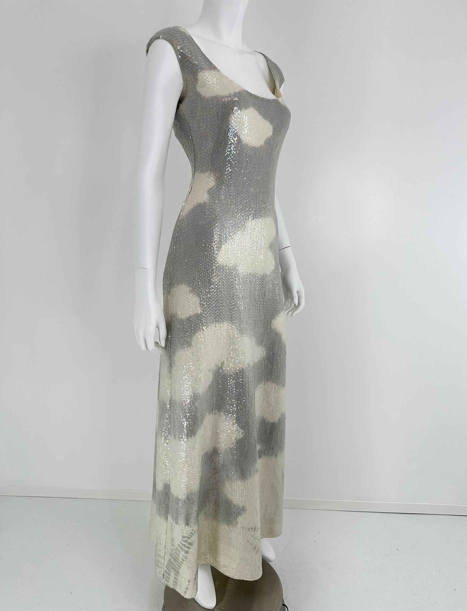 Halston Iconic Clouds Dress in Stormy Grey & Cream Iridescent Sequins Mid 1970s In Good Condition For Sale In West Palm Beach, FL