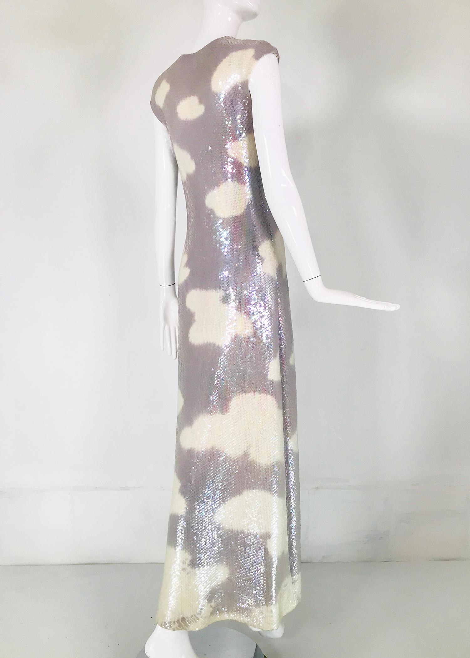 Halston Iconic Clouds Dress in Stormy Grey & Cream Iridescent Sequins Mid 1970s 1