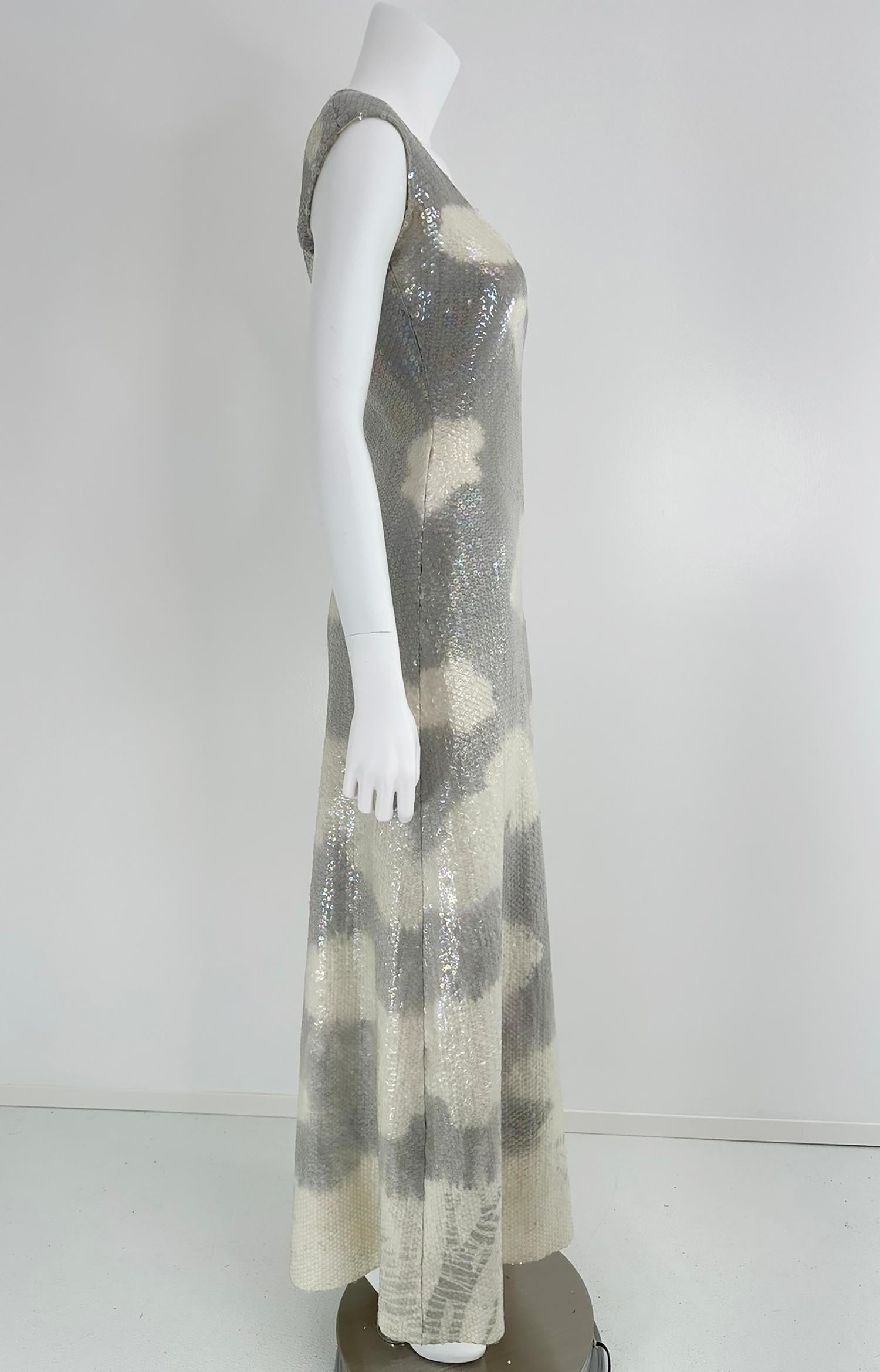 Halston Iconic Clouds Dress in Stormy Grey & Cream Iridescent Sequins Mid 1970s For Sale 1