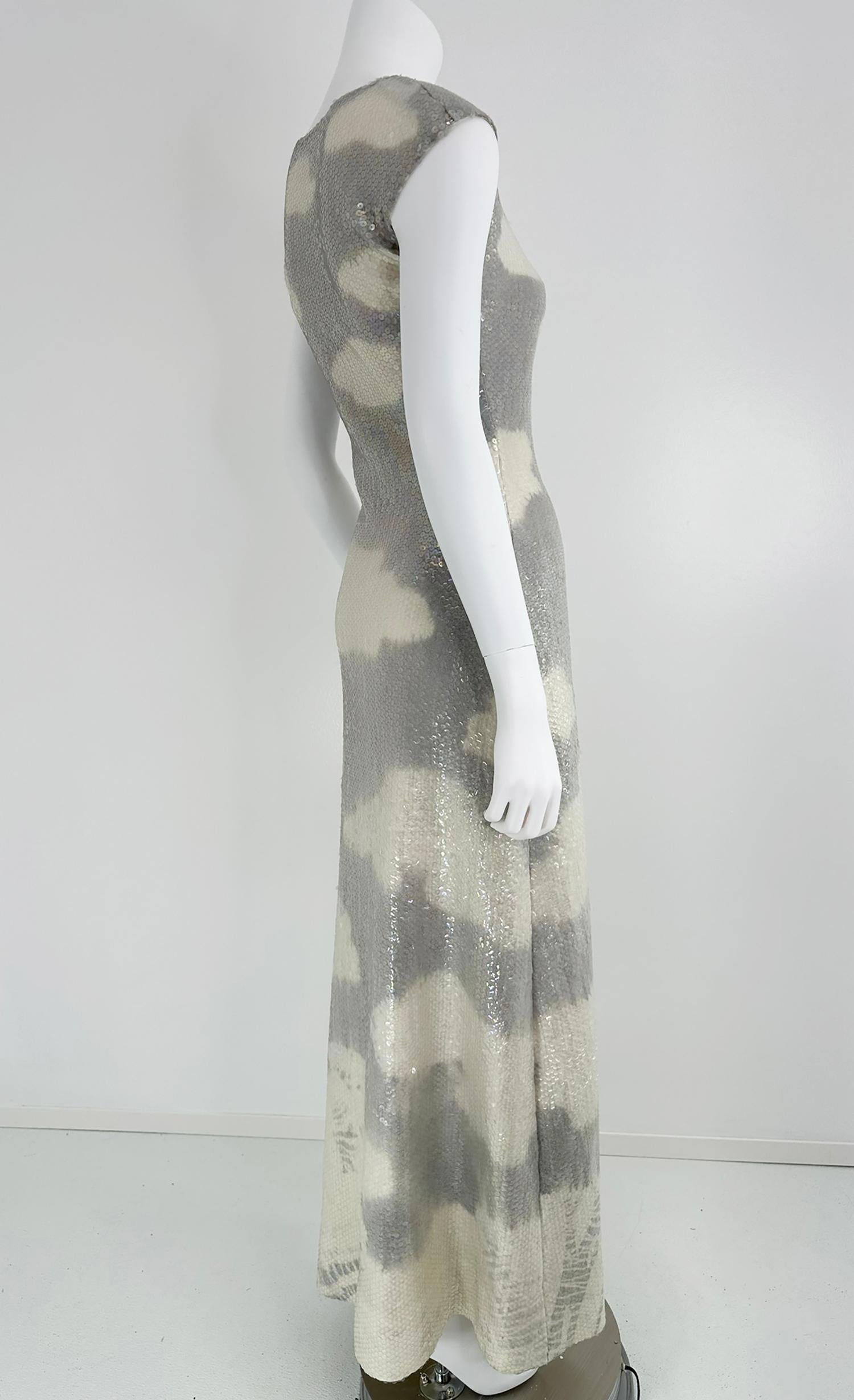 Halston Iconic Clouds Dress in Stormy Grey & Cream Iridescent Sequins Mid 1970s For Sale 2