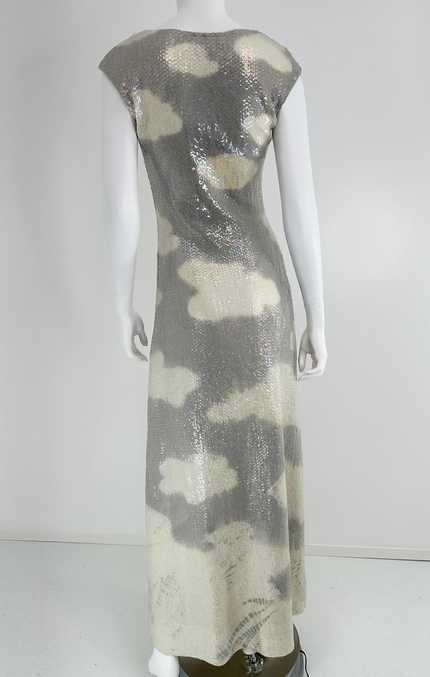 Halston Iconic Clouds Dress in Stormy Grey & Cream Iridescent Sequins Mid 1970s For Sale 4