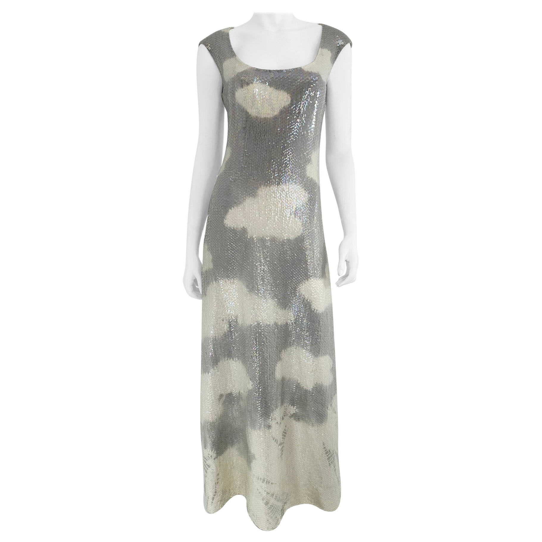 Halston Iconic Clouds Dress in Stormy Grey & Cream Iridescent Sequins Mid 1970s For Sale