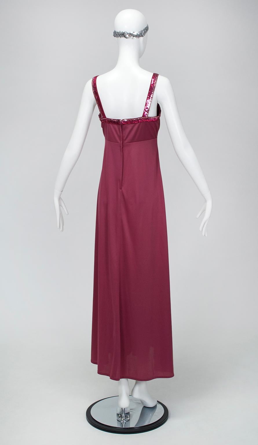Women's Halston-Inspired Plum Disco Maxi Empire Dress w Sequin Trim Capelet– S, 1970s For Sale