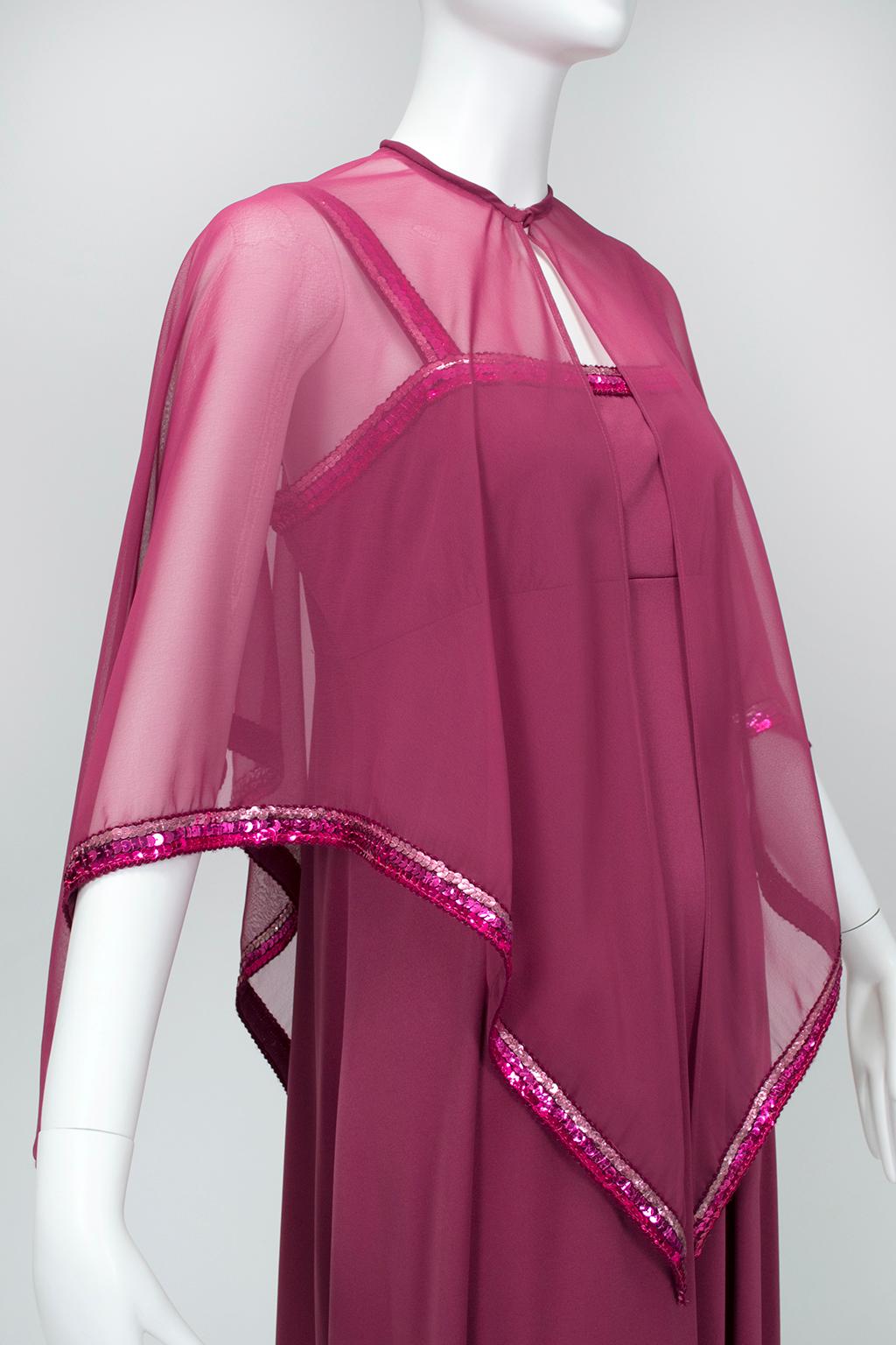 Halston-Inspired Plum Disco Maxi Empire Dress w Sequin Trim Capelet– S, 1970s For Sale 2