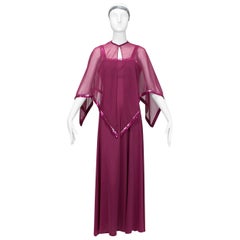 Halston-Inspired Plum Disco Maxi Empire Dress w Sequin Trim Capelet– S, 1970s