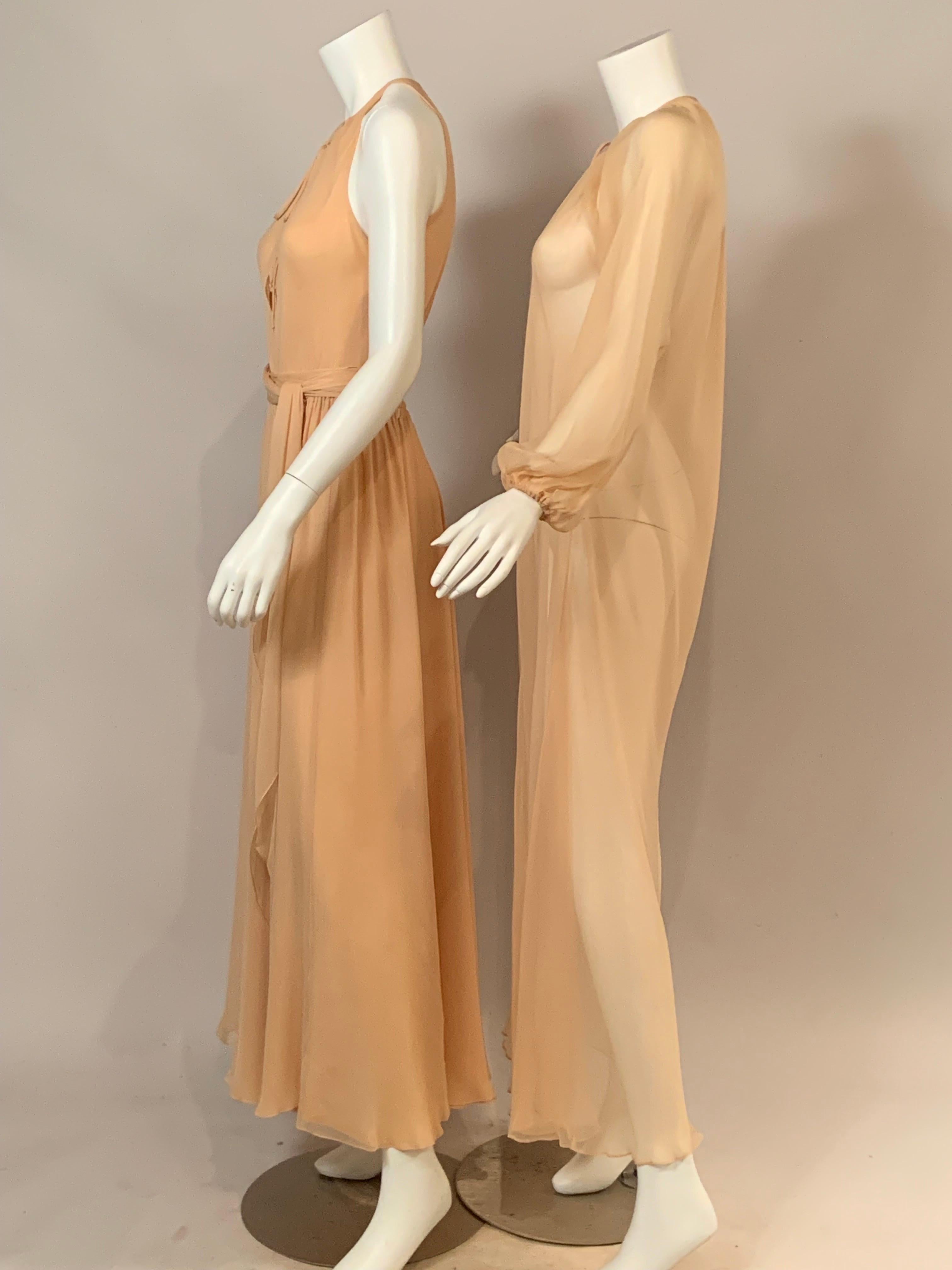 Halston Layered Chiffon Dress with Sash and Matching Sheer Chiffon Coat In Excellent Condition For Sale In New Hope, PA
