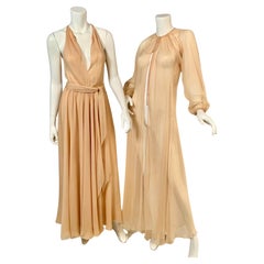 Retro Halston Layered Chiffon Dress with Sash and Matching Sheer Chiffon Coat