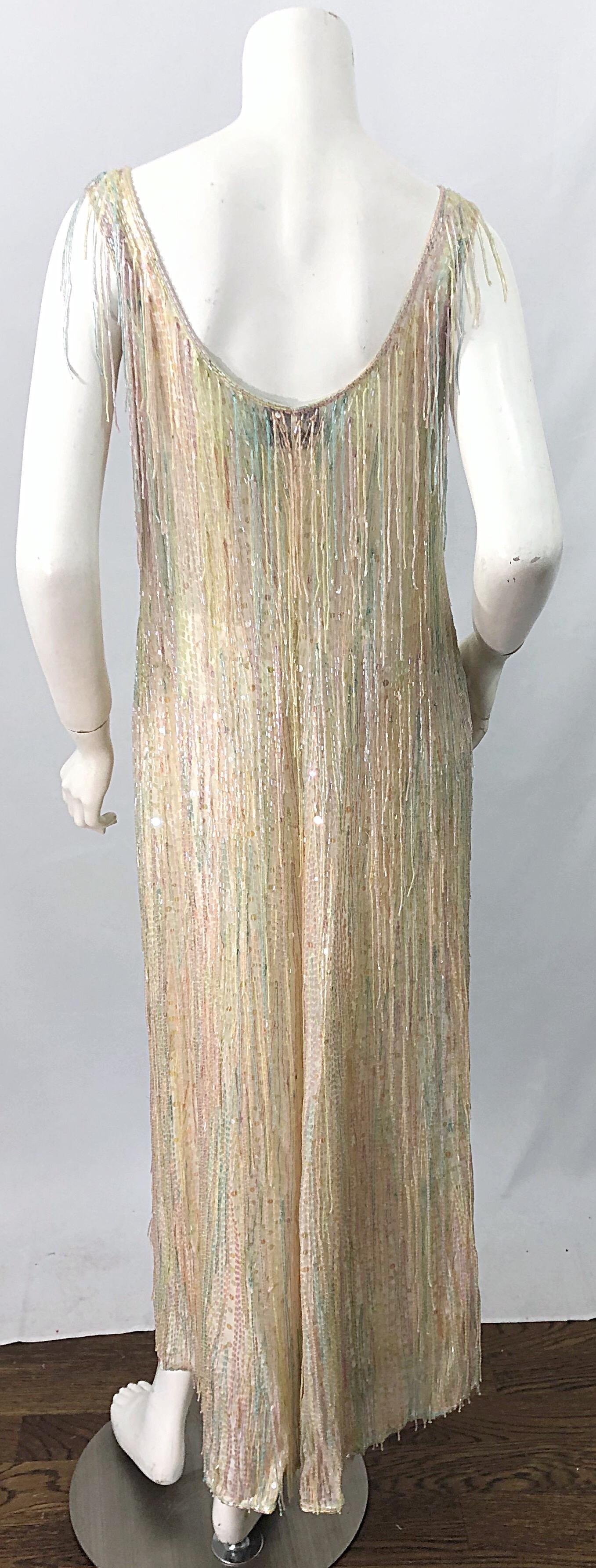 Beige Halston MET Musuem 1970s Fully Fringed Beaded Flapper Style Vintage 70s Dress