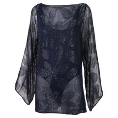 Vintage Halston Navy Silk Beaded Floral Pattern Tunic Top