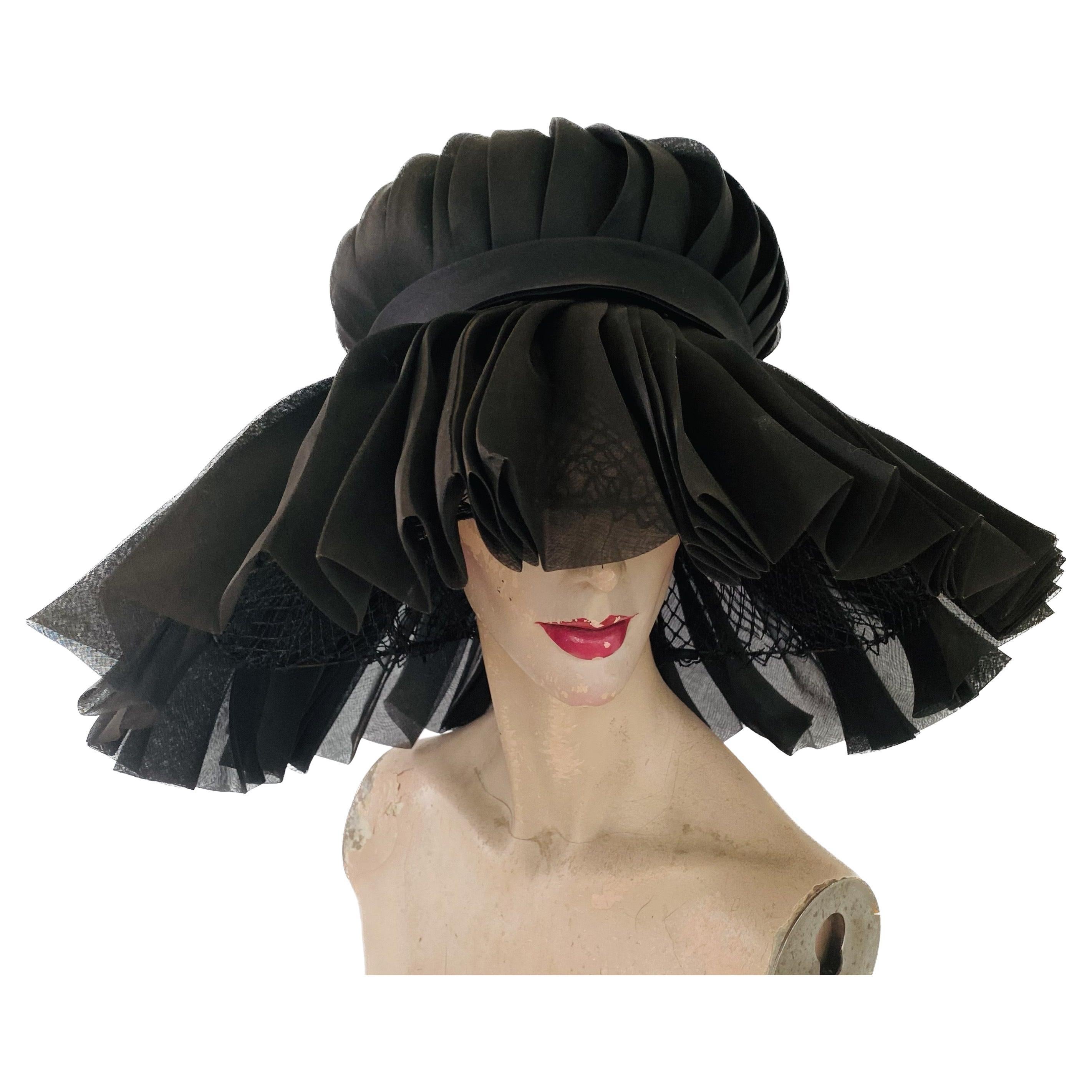 Halston of Bergdorf Goodman Early Vintage 1960s Wide Brim Pleated Hat 