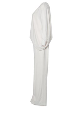 Halston, one shoulder draped creme jumpsuit