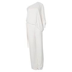 Halston, one shoulder draped creme jumpsuit