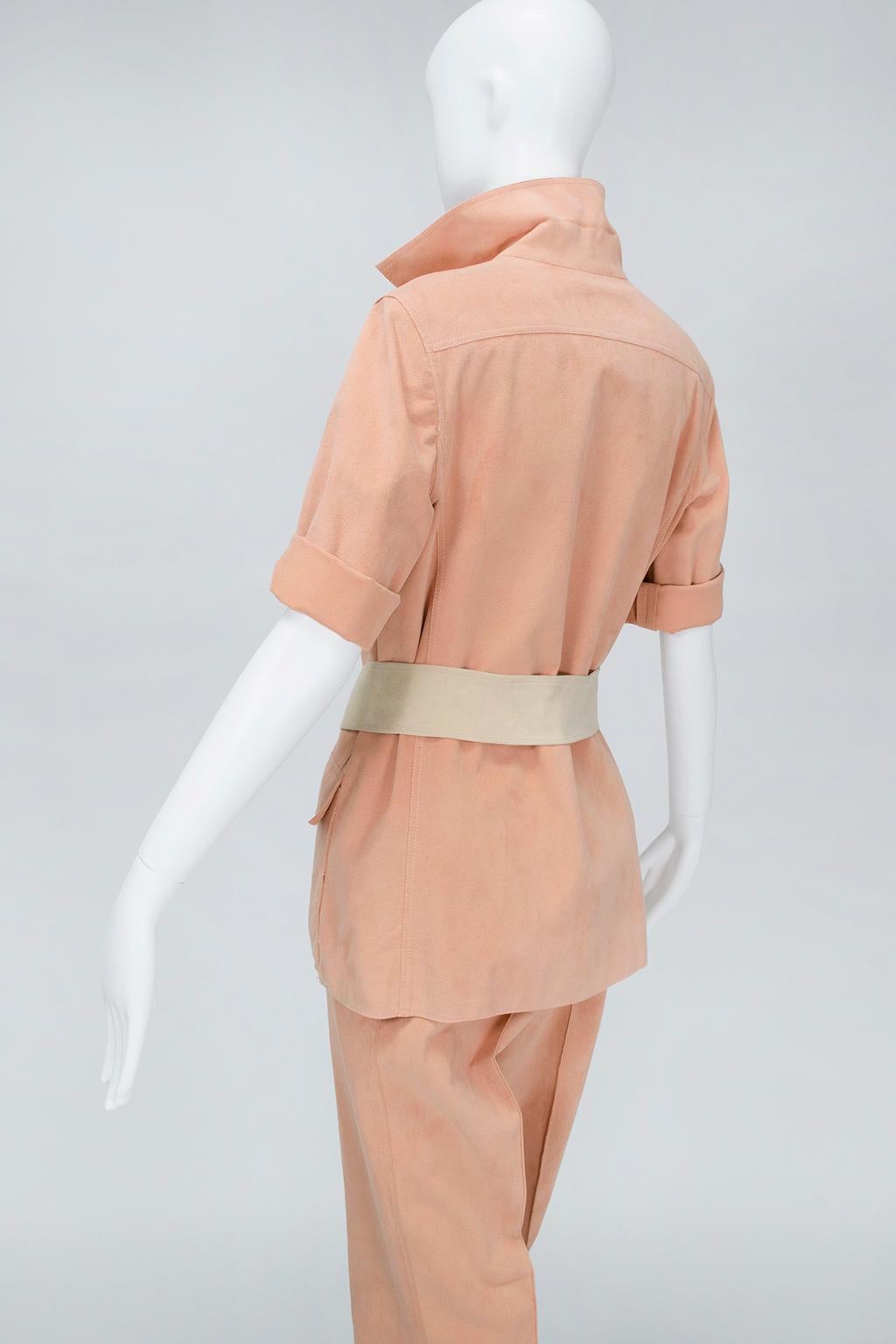 Brown Halston Nude Washable Ultrasuede Belted Tunic and Pant Safari Set - M, 1970s For Sale