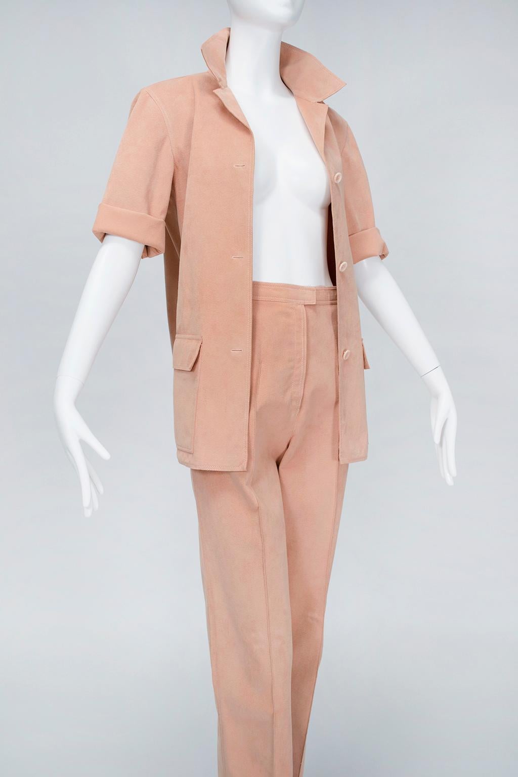Halston Nude Washable Ultrasuede Belted Tunic and Pant Safari Set - M, 1970s In Good Condition For Sale In Tucson, AZ