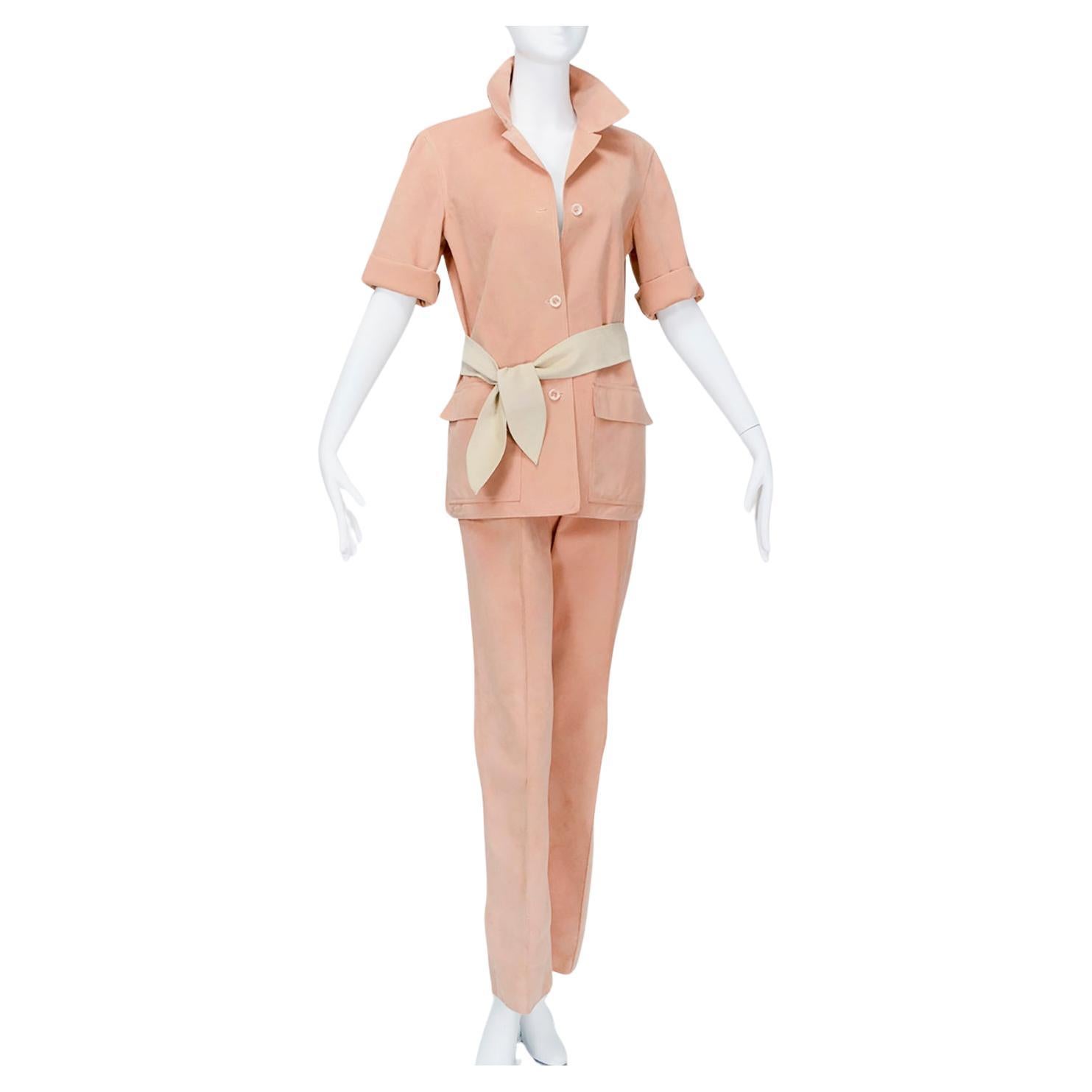 Halston Nude Washable Ultrasuede Belted Tunic and Pant Safari Set - M, 1970s For Sale