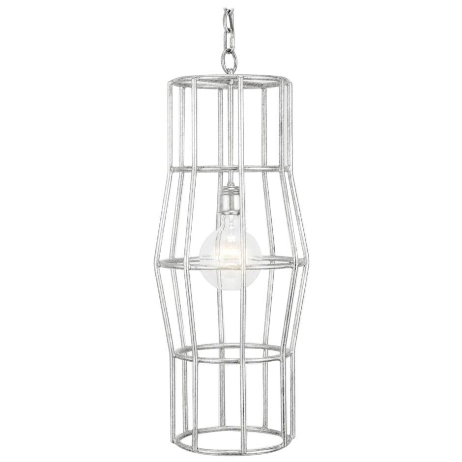 HALSTON PENDANT - Modern Silver-Leafed over Iron Cage Pendant For Sale