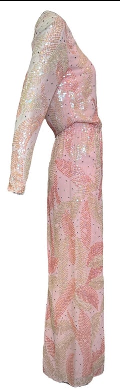 Halston Pink Chiffon Feather Motif Sequin Gown, 1970s