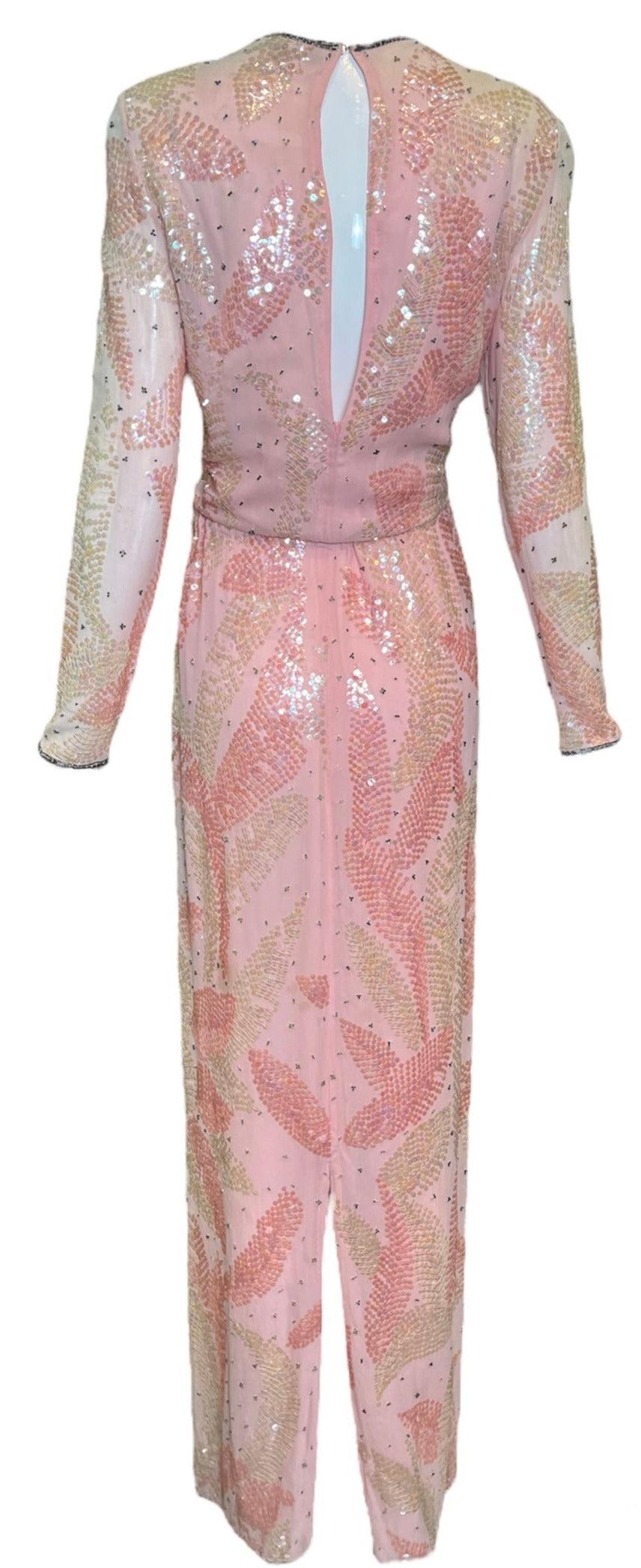 Beige Halston Pink Chiffon Feather Motif Sequin Gown, 1970s For Sale