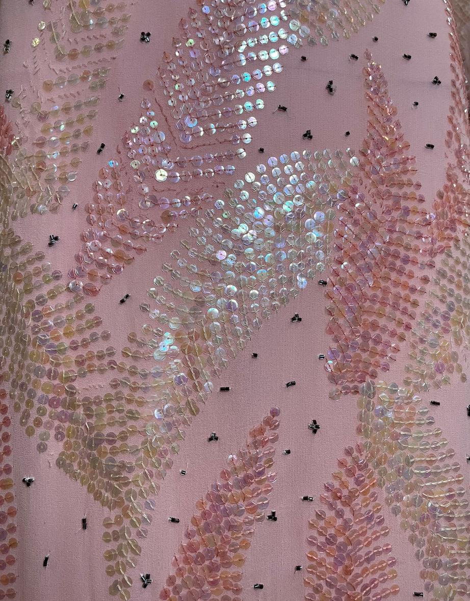 Halston Pink Chiffon Feather Motif Sequin Gown, 1970s In Good Condition For Sale In Los Angeles, CA