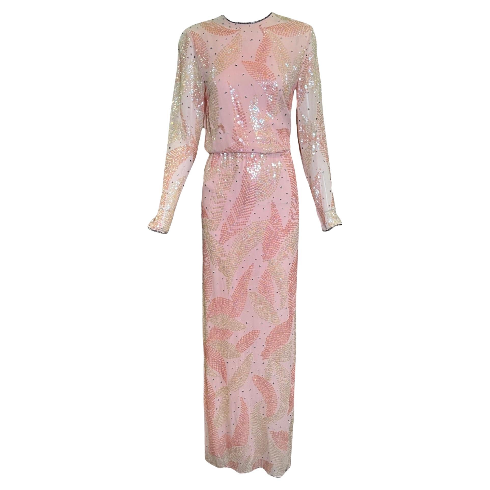 Halston Pink Chiffon Feather Motif Sequin Gown, 1970s For Sale