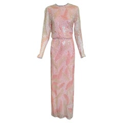 Halston Pink Chiffon Feather Motif Sequin Gown, 1970s