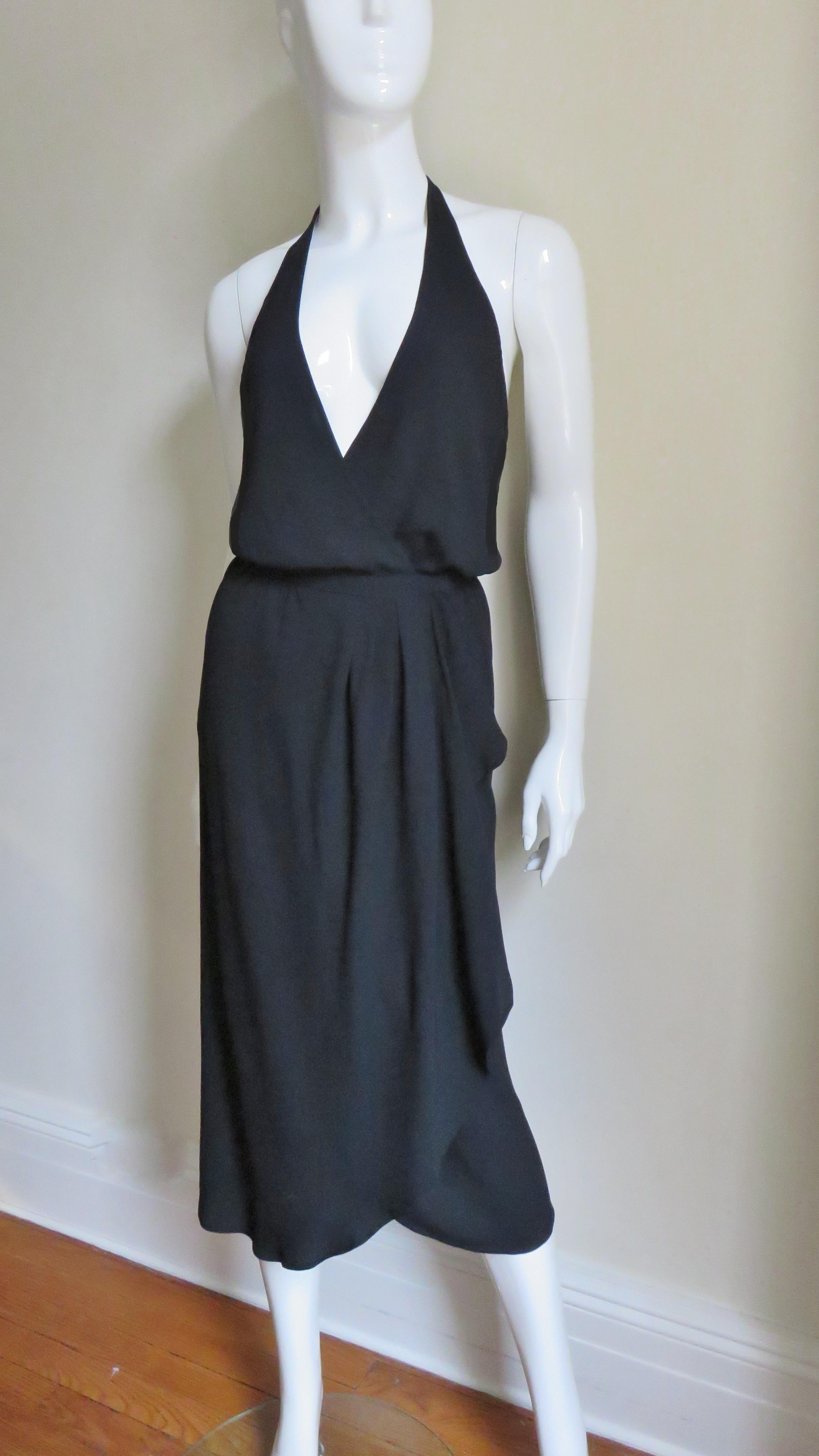 Black Halston Plunge Wrap Halter Dress 1970s