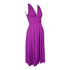 Halston Vestido de lino morado con cuello redondo, años 70