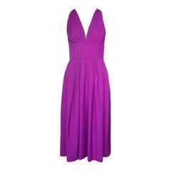 Halston Vestido de lino morado con cuello redondo, años 70