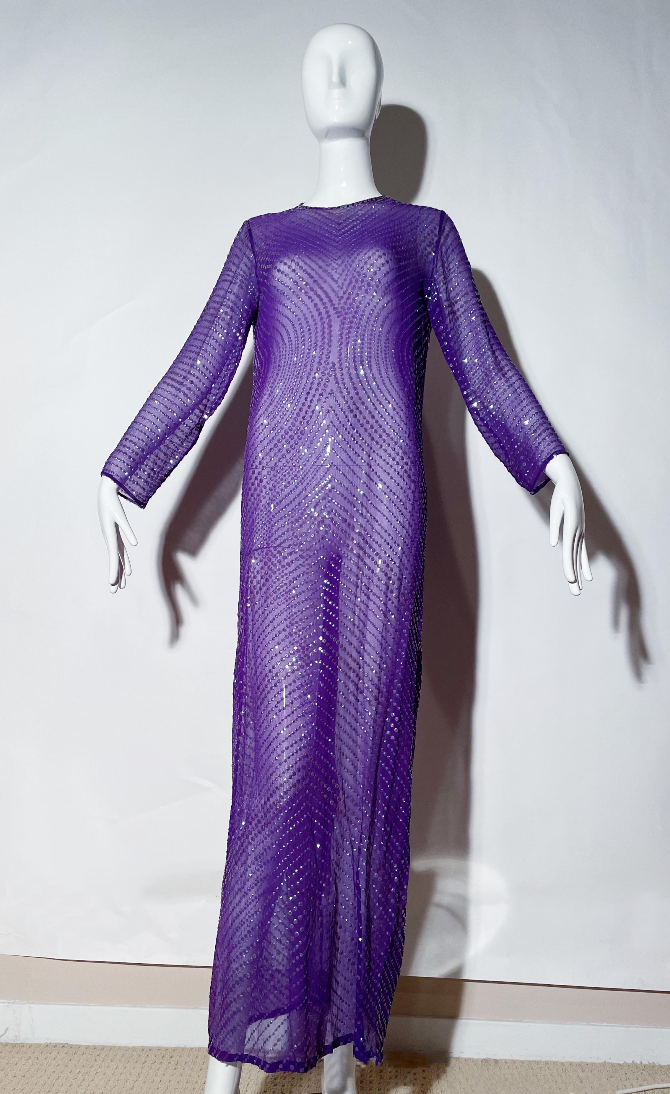 Halston Purple Sheer Sequin Gown In Excellent Condition In Waterford, MI