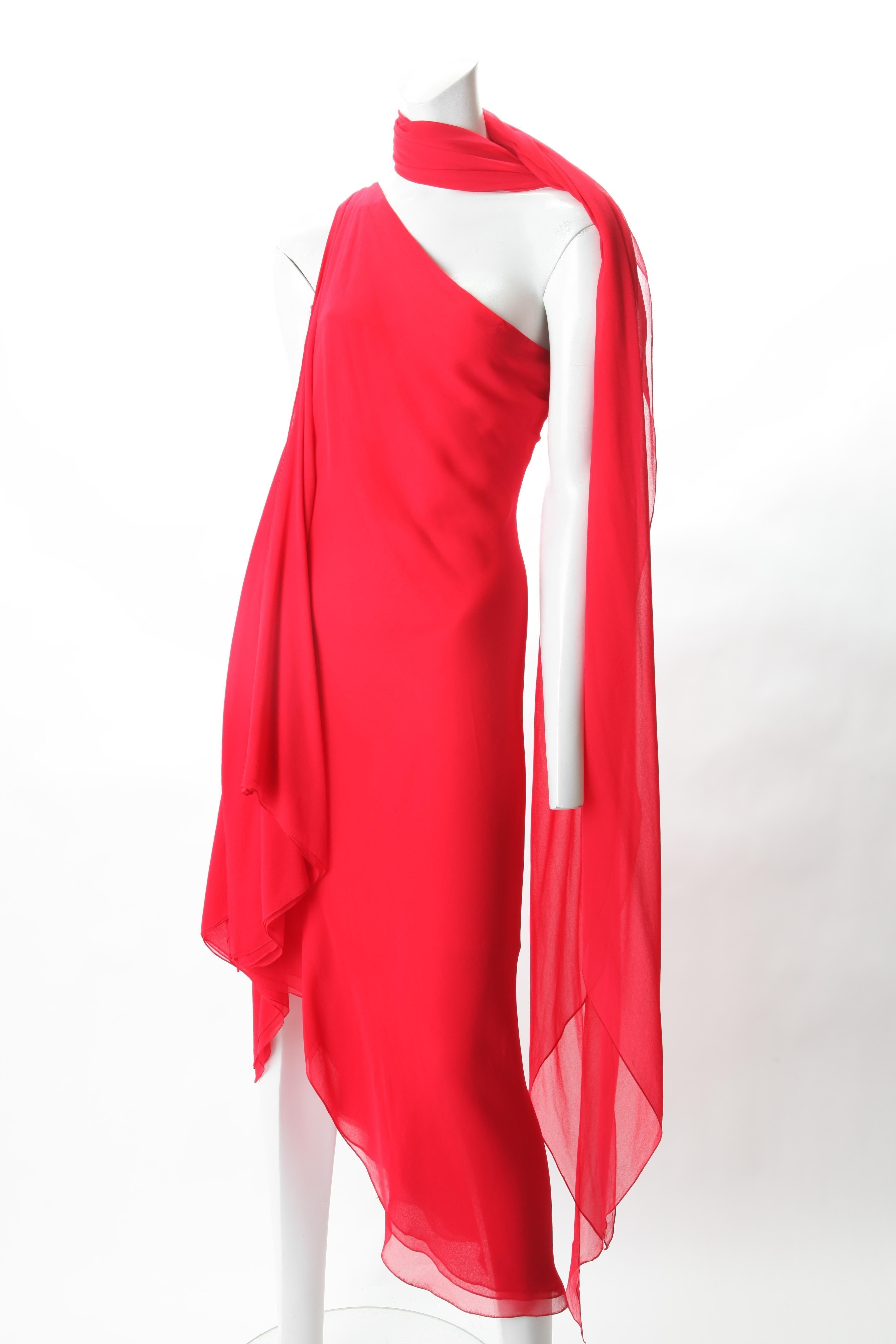 Halston Red Chiffon Dress with Sash, c. 1970s.
Halston Red chiffon one-shoulder dress featuring 